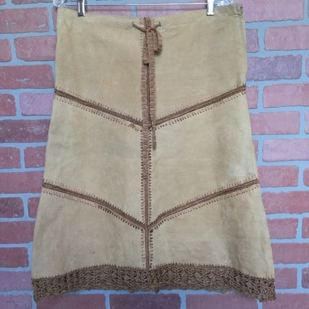 Suede A-Line Skirt in Tan with Crochet Trim